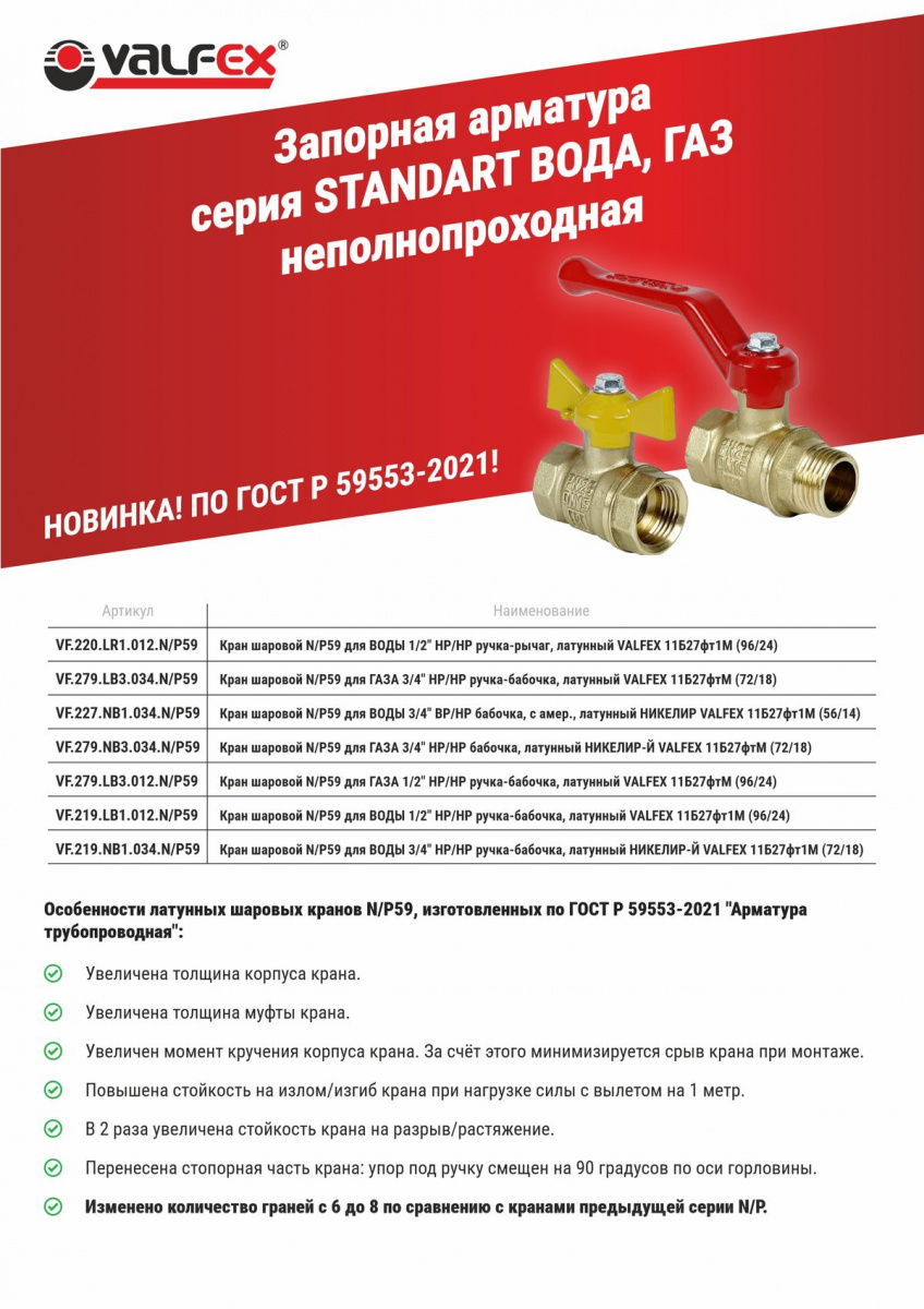 Расширение ассортимента. Запорная арматура серии STANDART ВОДА ГАЗ  неполнопроходная. - Valfex